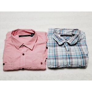 Sean John Men's Size 2XL Set Of 2 Plaid + Solid Button-Up Short Sleeve Shirts